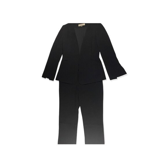 Tahari Pants - Tahari Arthur S. Levine Navy Blue Pantsuit With Padded Shoulder and Sleeve Slits